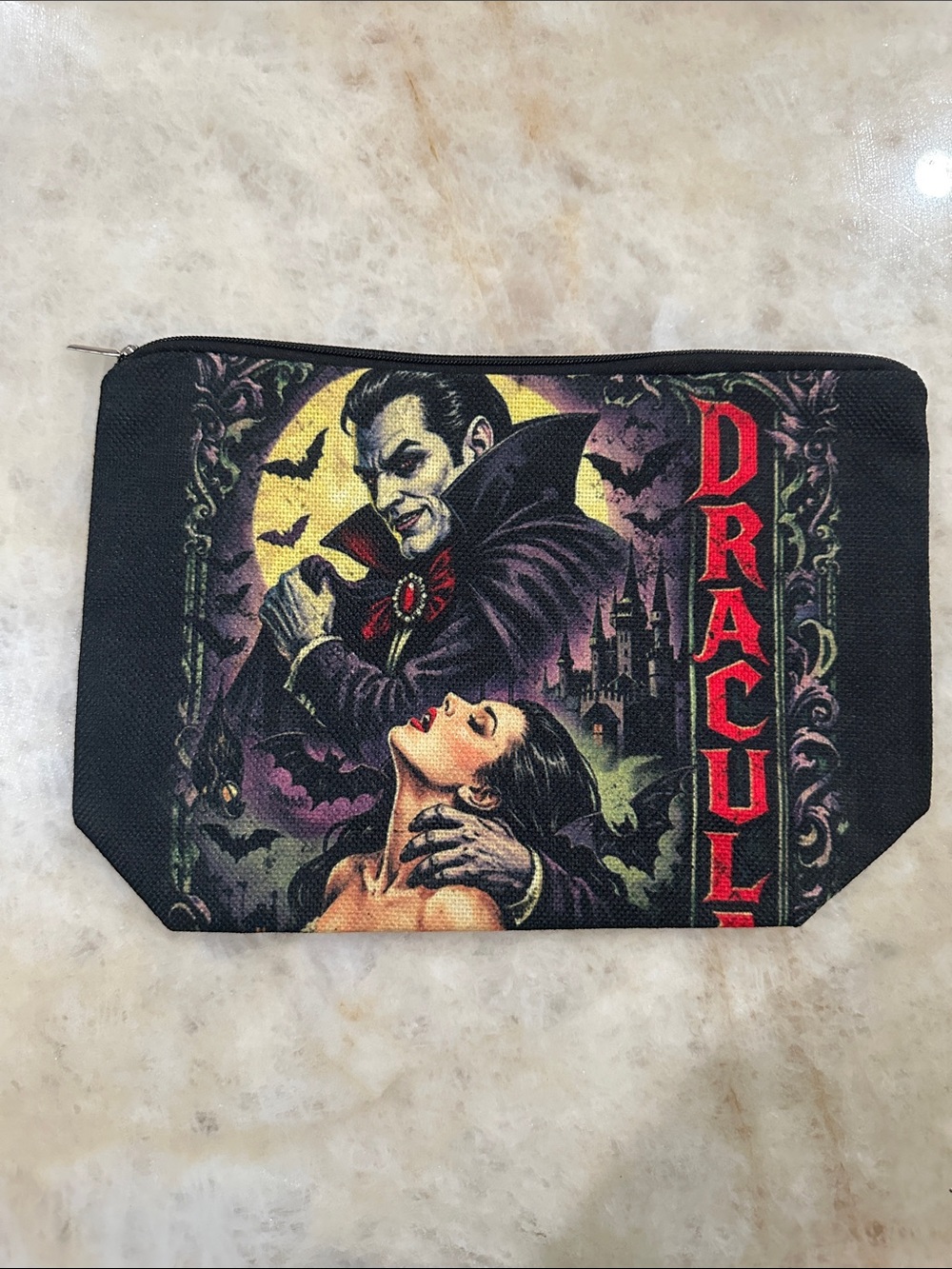 Dracula Graphic Zip Pouch - Black with Red & Purple Gothic Art